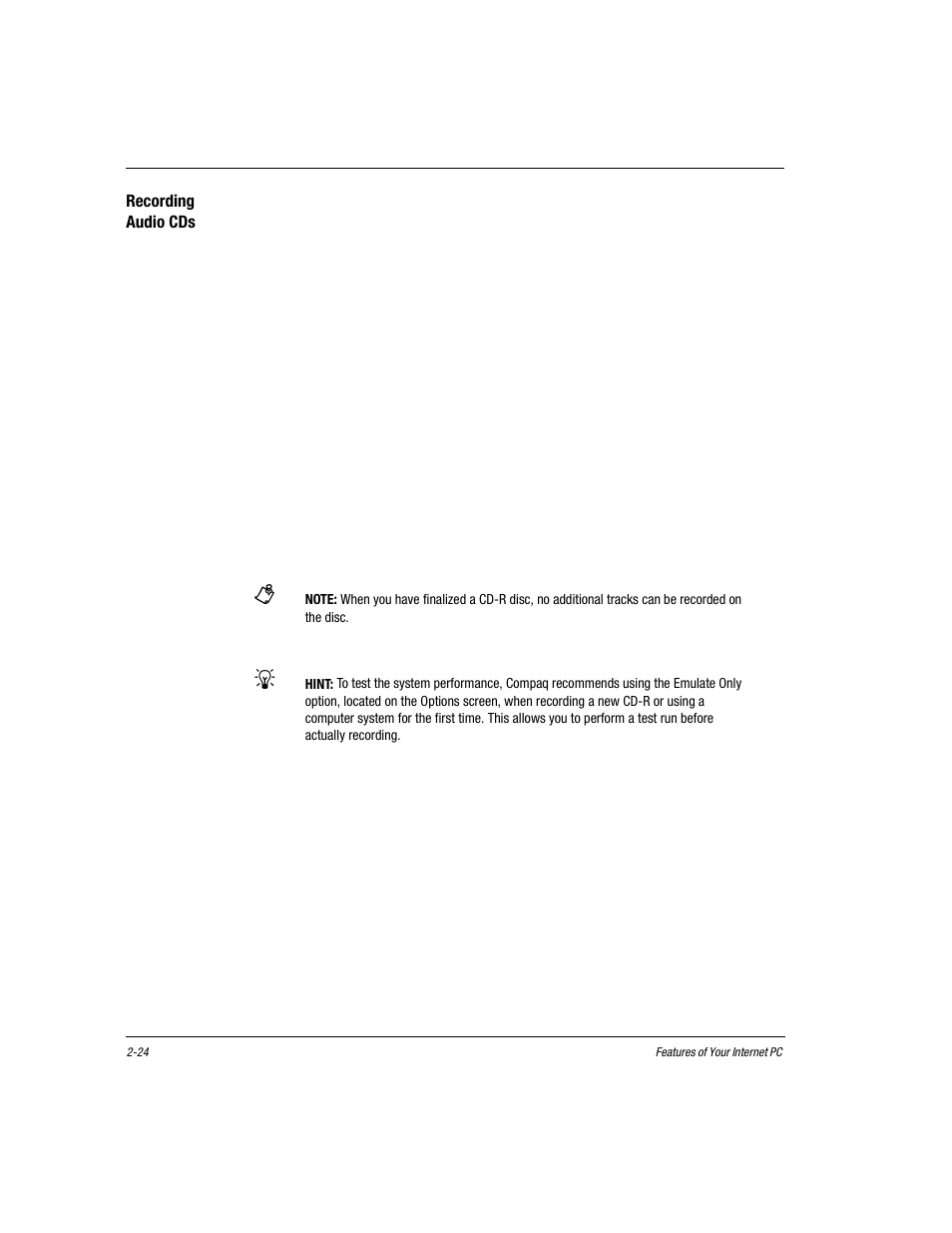 Recording audiocds, Ensure that declick is not checked, Click record | Select finalize disc, Recording audio cds -24 | Compaq Presario EZ Series User Manual | Page 35 / 133