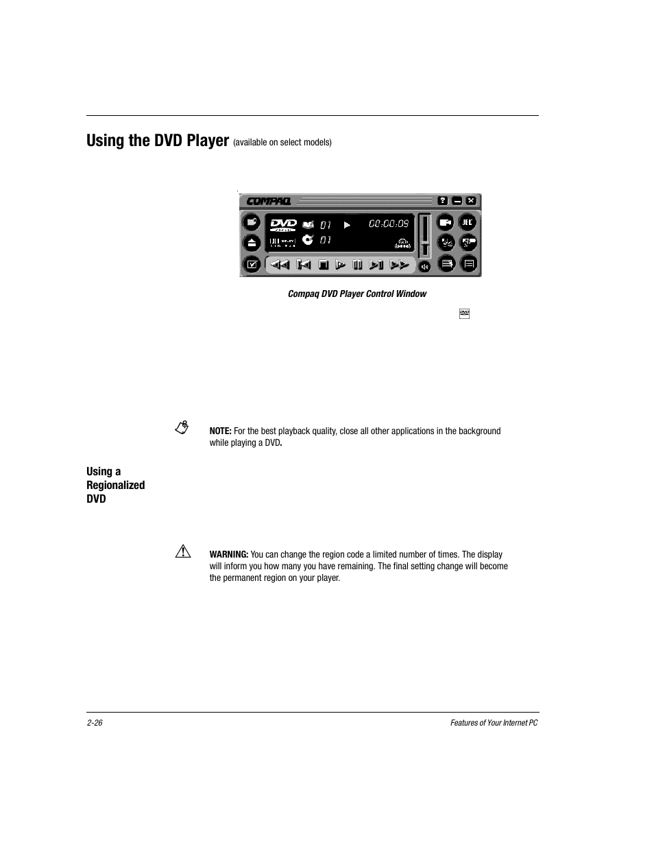 Using the dvd player (available on select models), Compaq dvd player control window, Alternatively, you may execute the following steps | Click start on the windows taskbar, Point to programs. select compaq dvd express, Click compaq dvd player, Using a regionalized dvd, Using a regionalized dvd -26, Using the dvd player | Compaq Presario EZ Series User Manual | Page 37 / 133