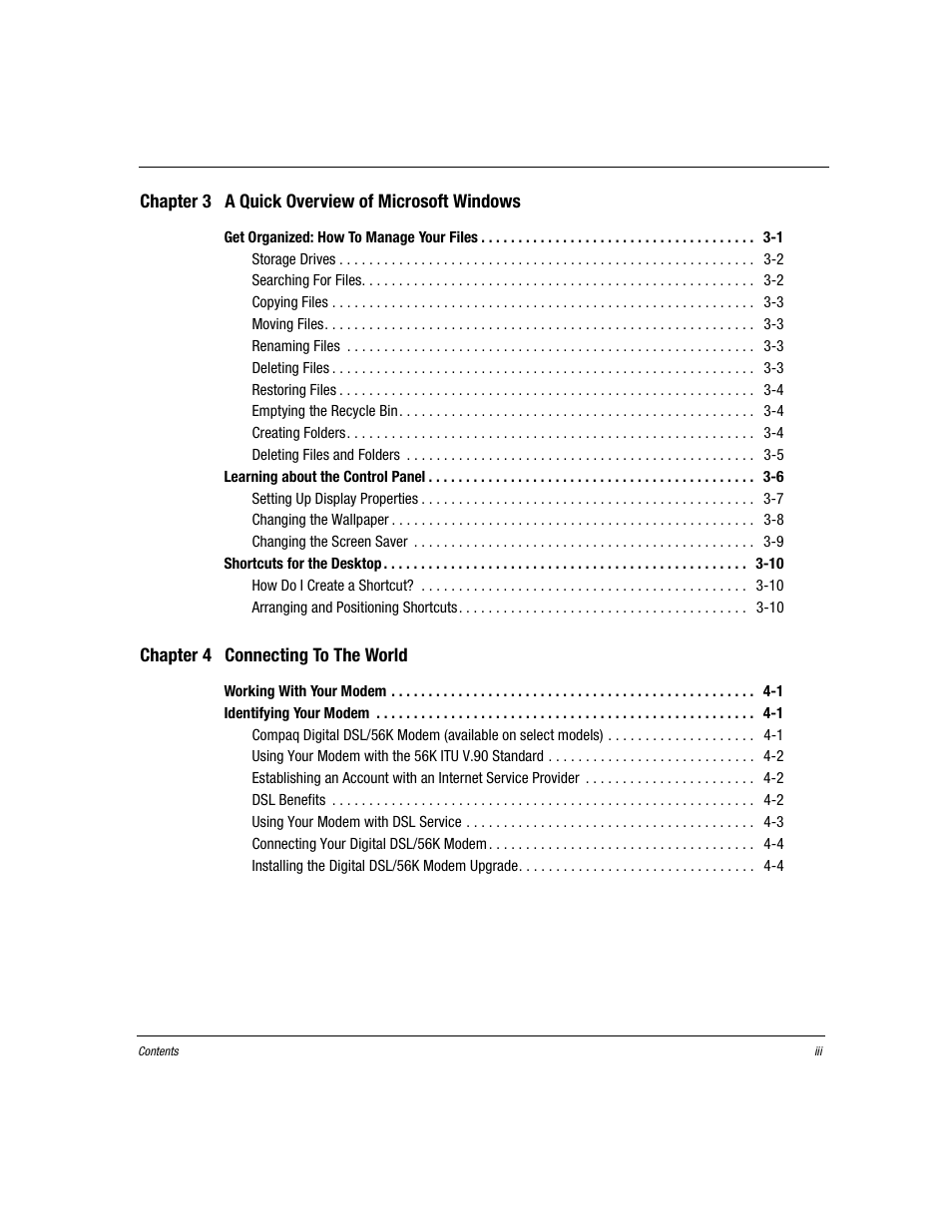 Chapter 3 a quick overview of microsoft windows, Chapter 4 connecting to the world | Compaq Presario EZ Series User Manual | Page 4 / 133