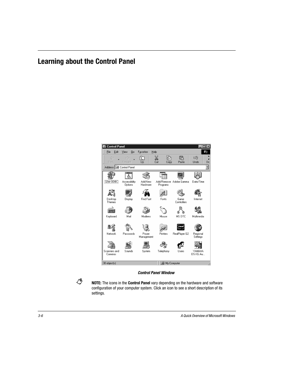 Learning about the control panel, Click start, Point to settings and choose control panel | A window containing system setup icons appears, Control panel window, Learning about the control panel -6 | Compaq Presario EZ Series User Manual | Page 49 / 133