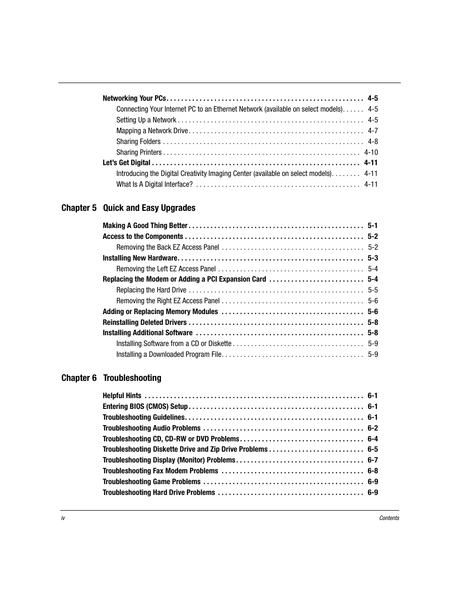 Chapter 5 quick and easy upgrades, Chapter 6 troubleshooting | Compaq Presario EZ Series User Manual | Page 5 / 133
