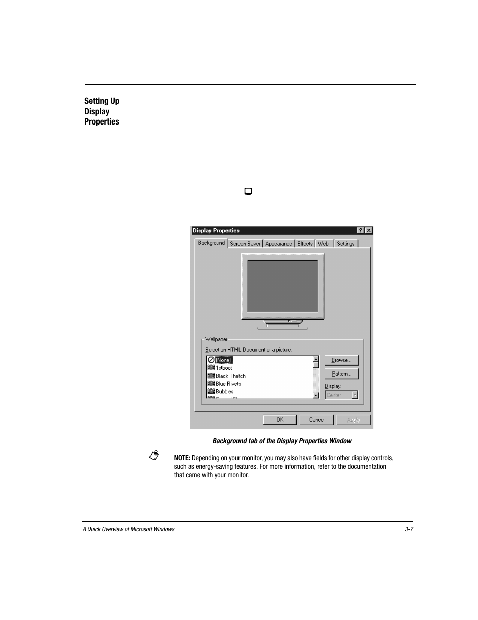 Setting up display properties, Click start, Point to settings | Click control panel, Background tab of the display properties window, Setting up display properties -7 | Compaq Presario EZ Series User Manual | Page 50 / 133