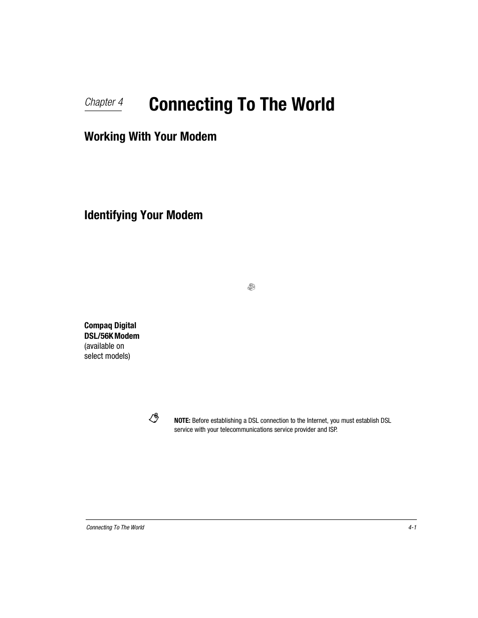 Chapter 4, Connecting to the world, Working with your modem | Identifying your modem, Double-click the modems i icon, Www.compaq.com/mypresario/highspeed, Chapter 4 connecting to the world, Working with your modem -1, Identifying your modem -1 | Compaq Presario EZ Series User Manual | Page 54 / 133