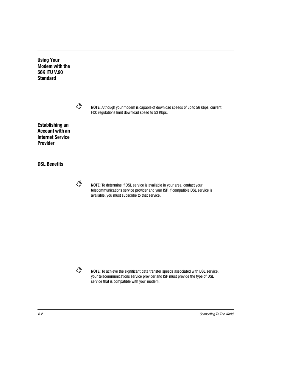 Using your modem with the 56k itu v.90 standard, Dsl benefits, Additional dsl benefits include the following | Using your modem with the 56k itu v.90 standard -2, Dsl benefits -2 | Compaq Presario EZ Series User Manual | Page 55 / 133