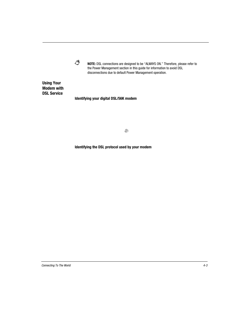 Using your modem with dsl service, Identifying your digital dsl/56k modem, Identifying the dsl protocol used by your modem | Using your modem with dsl service -3 | Compaq Presario EZ Series User Manual | Page 56 / 133