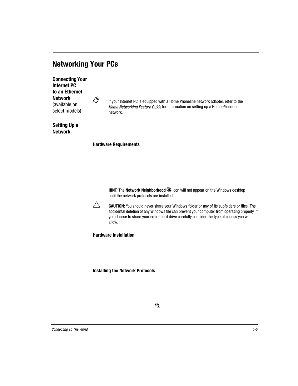 Networking your pcs, Setting up a network, Hardware requirements | Hardware installation, Installing the network protocols, Double-click the network l icon, Networking your pcs -5, Setting up a network -5 | Compaq Presario EZ Series User Manual | Page 58 / 133