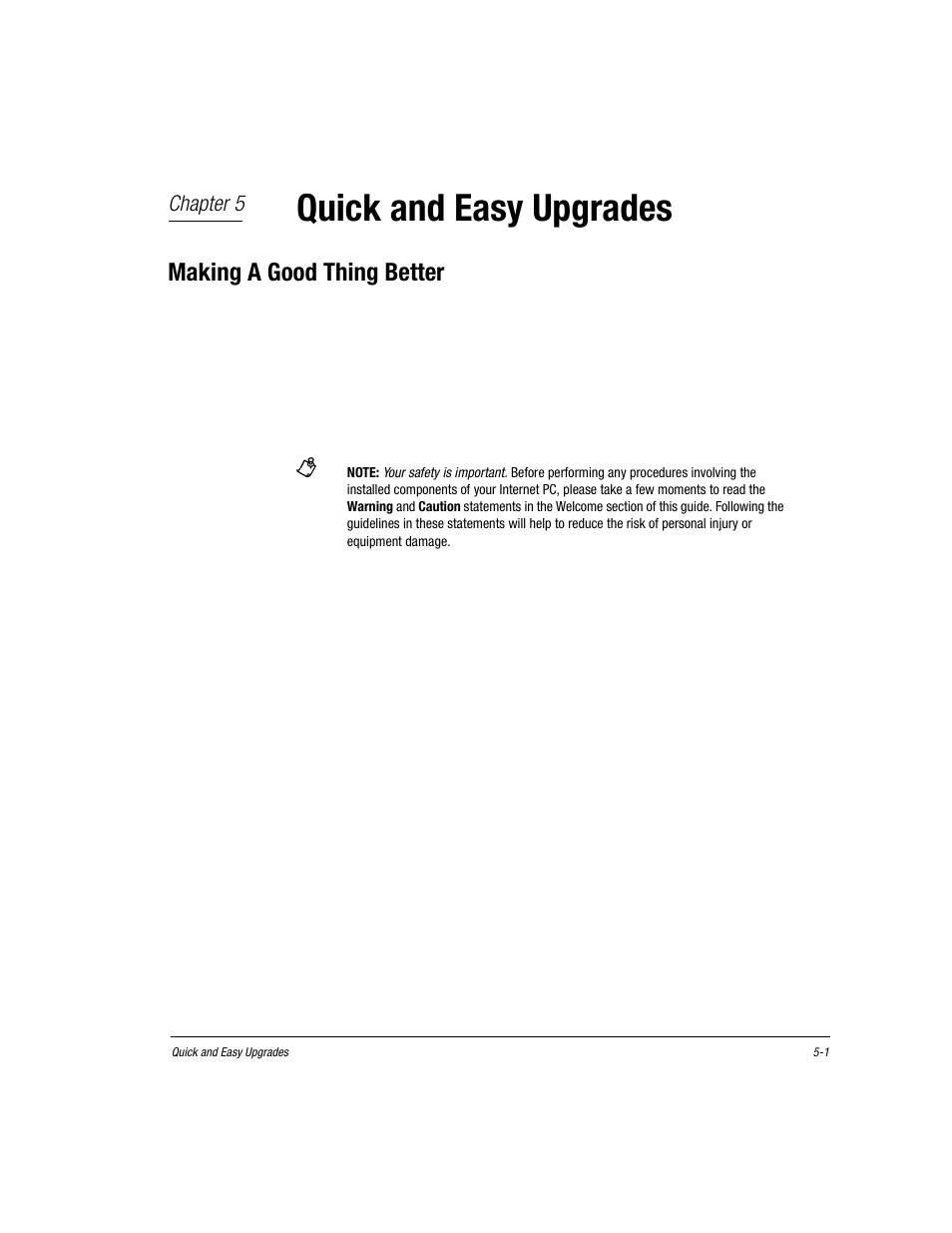 Chapter 5, Quick and easy upgrades, Making a good thing better | Www.compaq.com, Chapter 5 quick and easy upgrades, Making a good thing better -1 | Compaq Presario EZ Series User Manual | Page 66 / 133