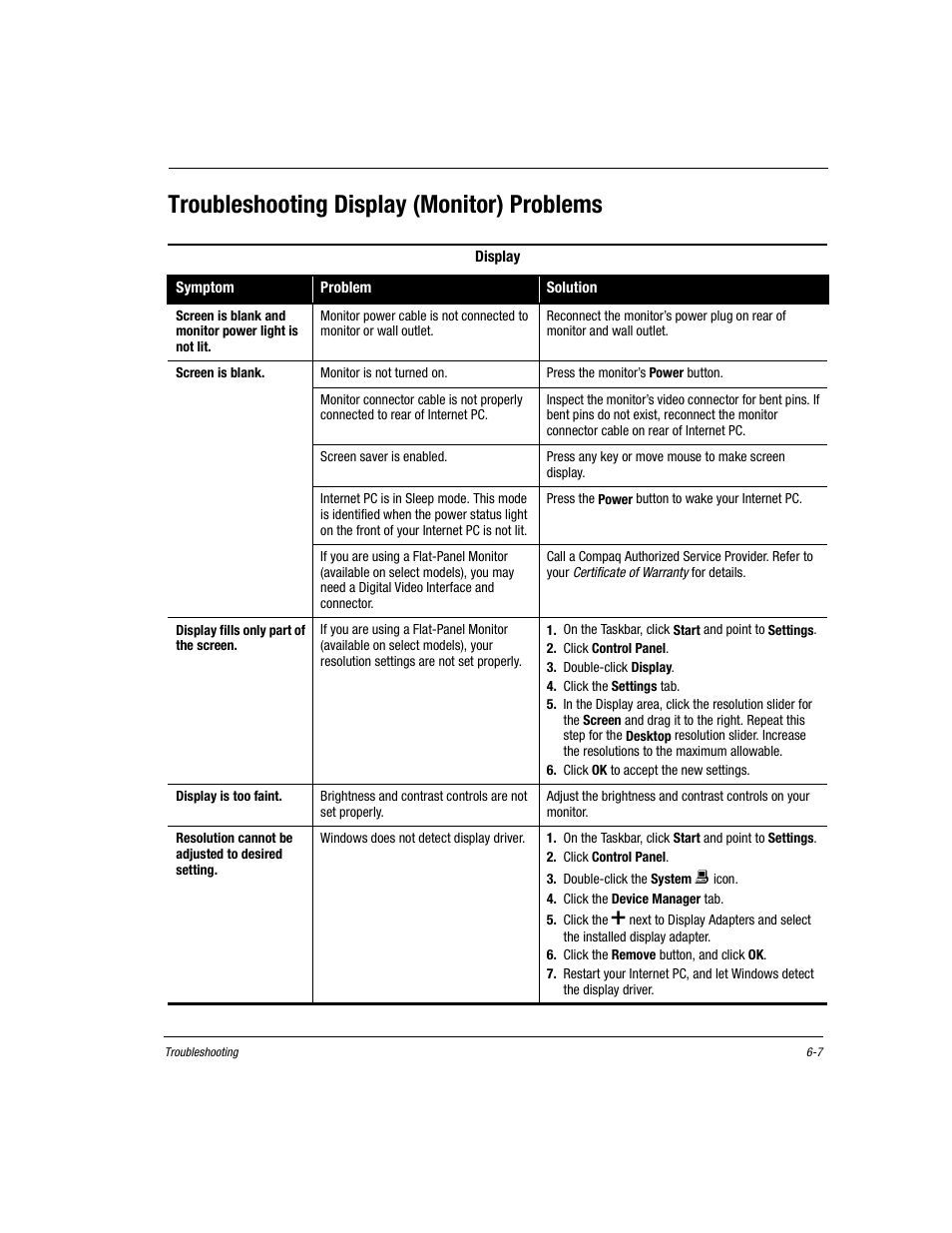 Troubleshooting display (monitor) problems, Troubleshooting display (monitor) problems -7 | Compaq Presario EZ Series User Manual | Page 82 / 133
