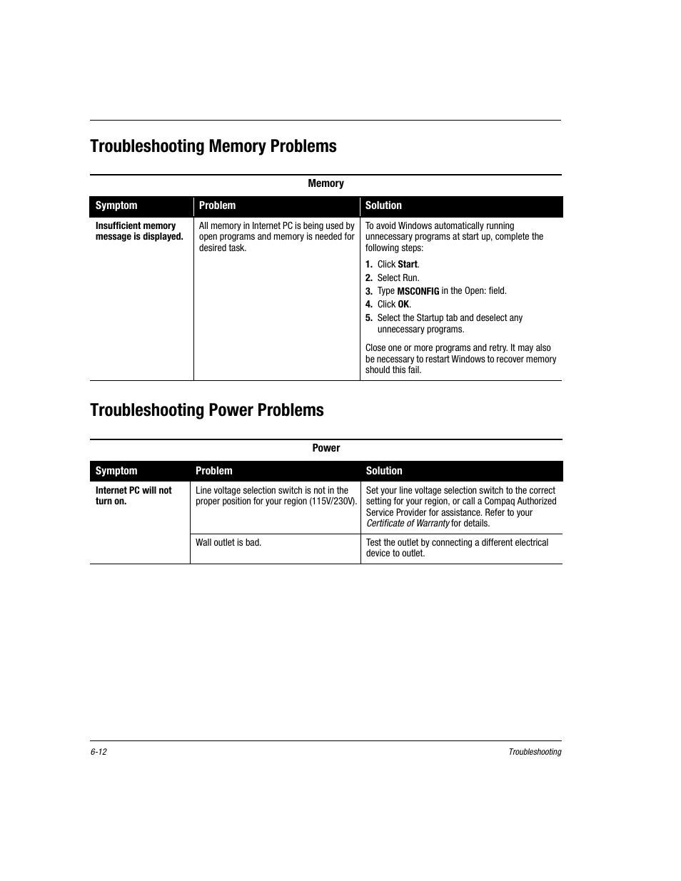 Troubleshooting memory problems, Troubleshooting power problems, Troubleshooting memory problems -12 | Troubleshooting power problems -12 | Compaq Presario EZ Series User Manual | Page 87 / 133