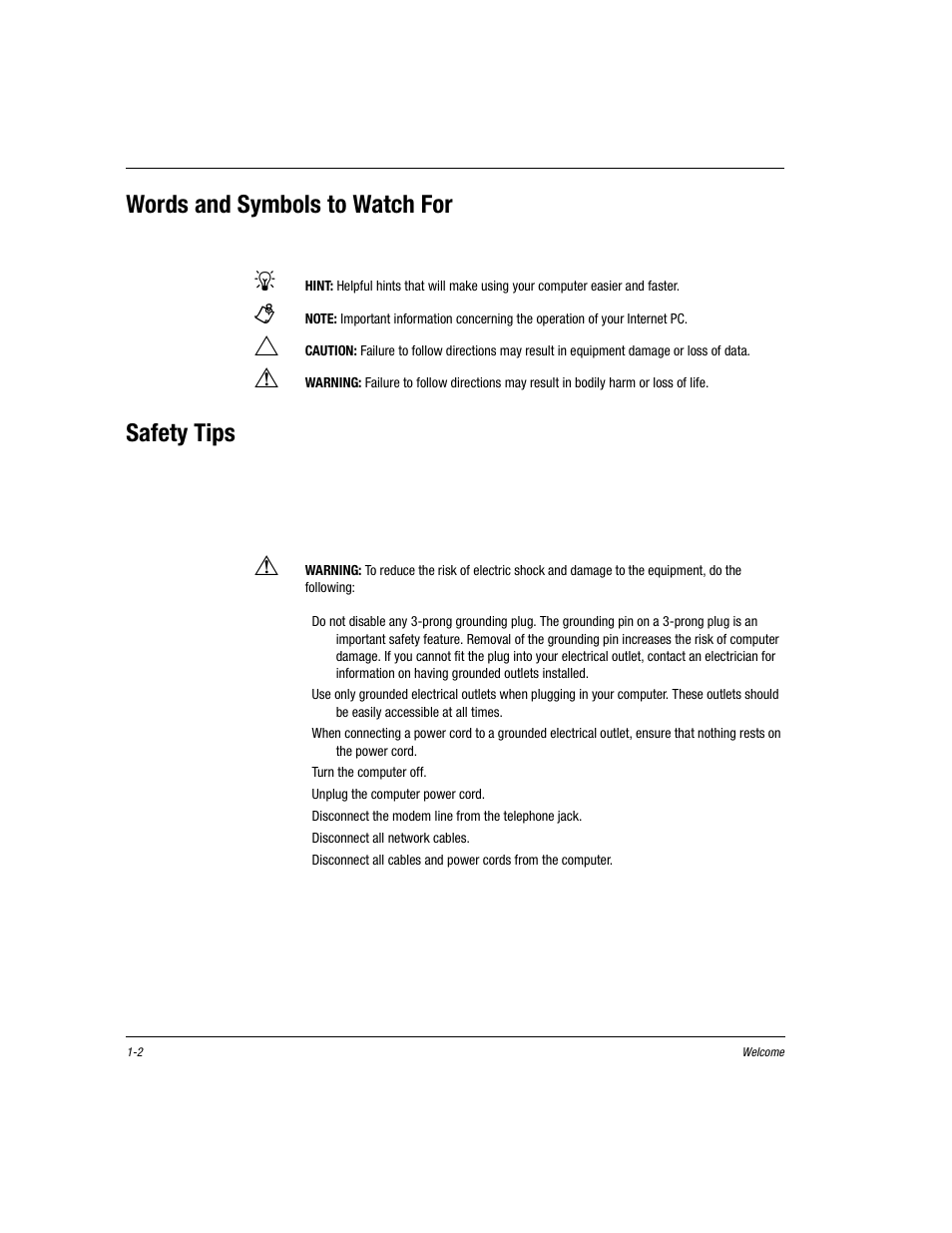 Words and symbols to watch for, Safety tips, Words and symbols to watch for -2 | Safety tips -2 | Compaq Presario EZ Series User Manual | Page 9 / 133