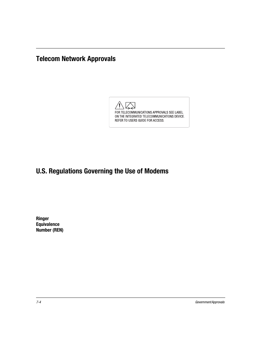 Telecom network approvals, U.s. regulations governing the use of modems, Ringer equivalence number (ren ) | Telecom network approvals -4, U.s. regulations governing the use of modems -4, Ringer equivalence number (ren) -4 | Compaq Presario EZ Series User Manual | Page 97 / 133