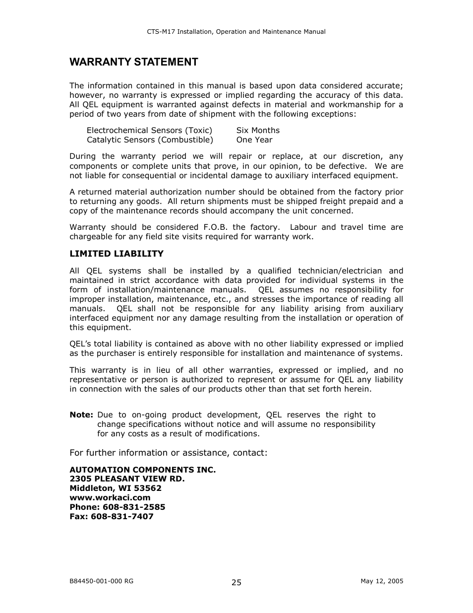 Warranty statement | RLE GD100 User Manual | Page 26 / 26