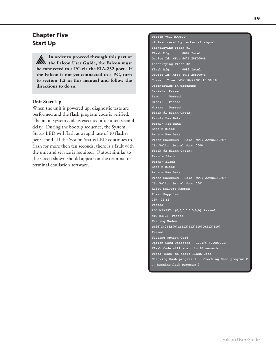 Chapter five start up, Falcon user guide | RLE FMS8 User Manual | Page 39 / 92