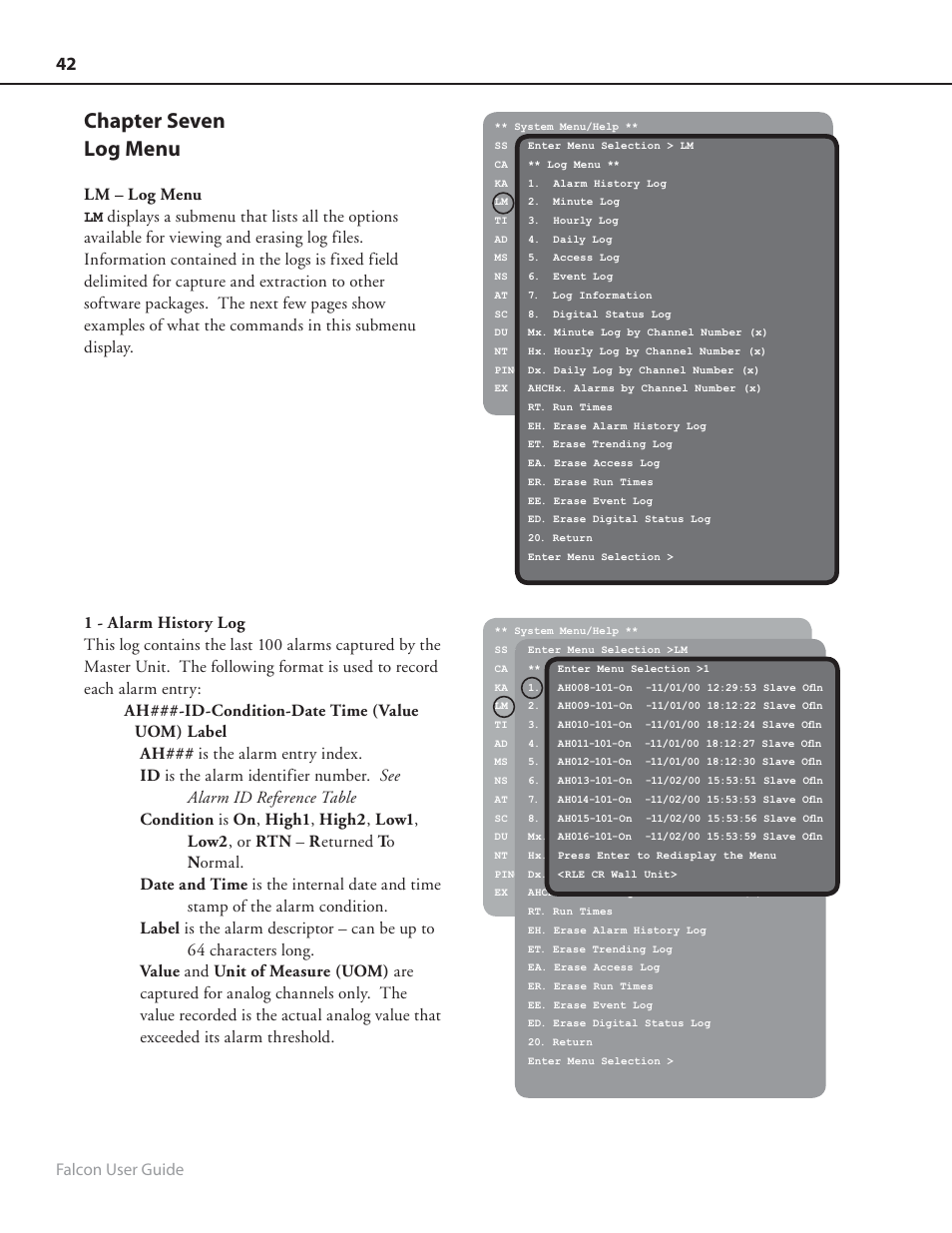 Chapter seven log menu, Falcon user guide, Lm – log menu | RLE FMS8 User Manual | Page 42 / 92