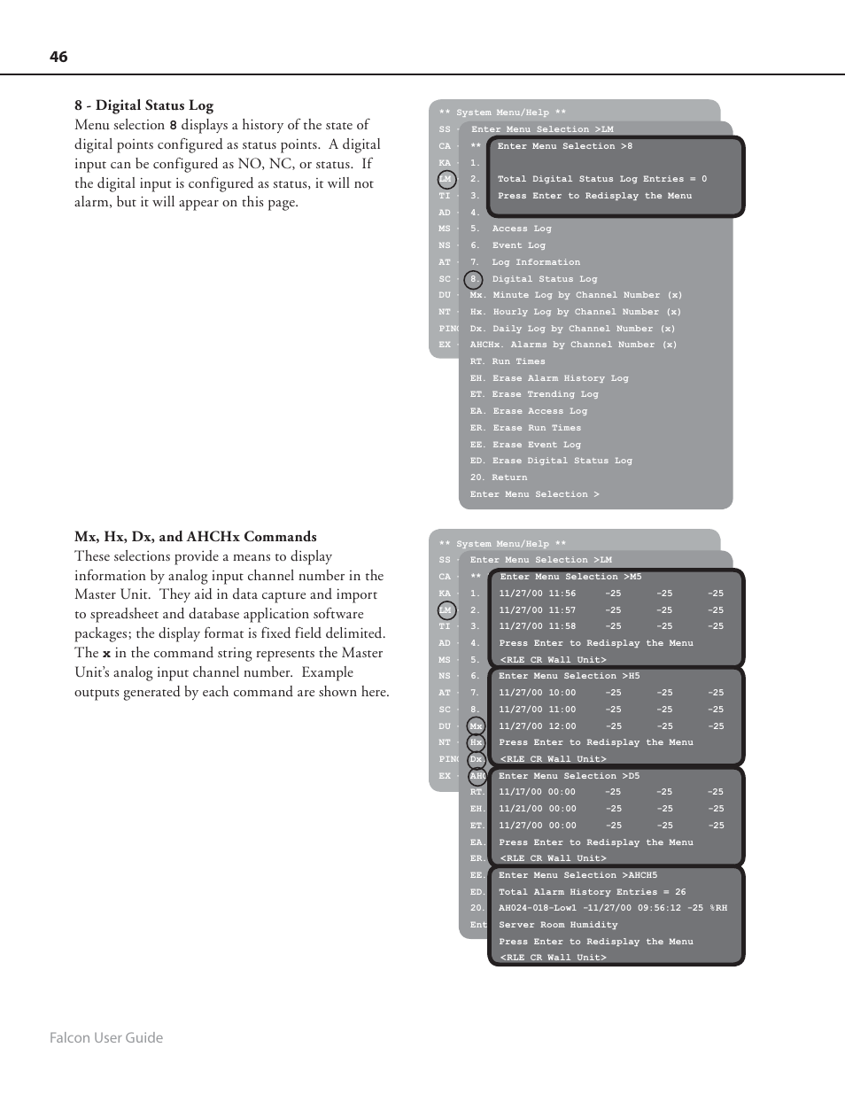 Falcon user guide, 8 - digital status log menu selection | RLE FMS8 User Manual | Page 46 / 92