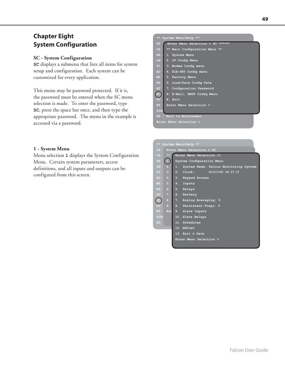 Chapter eight system configuration, Falcon user guide, Sc - system configuration | 1 - system menu menu selection | RLE FMS8 User Manual | Page 49 / 92