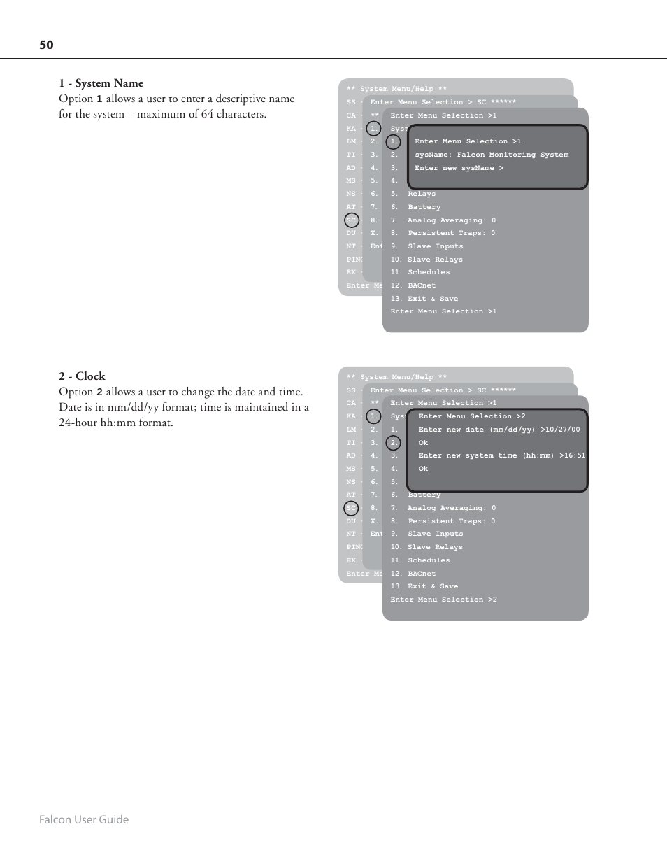 Falcon user guide, 1 - system name option, 2 - clock option | RLE FMS8 User Manual | Page 50 / 92