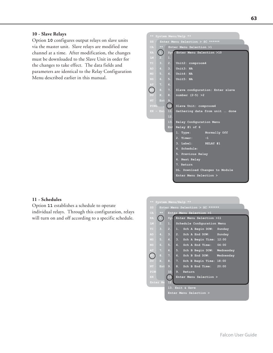 Falcon user guide, 10 - slave relays option, 11 - schedules option | RLE FMS8 User Manual | Page 63 / 92