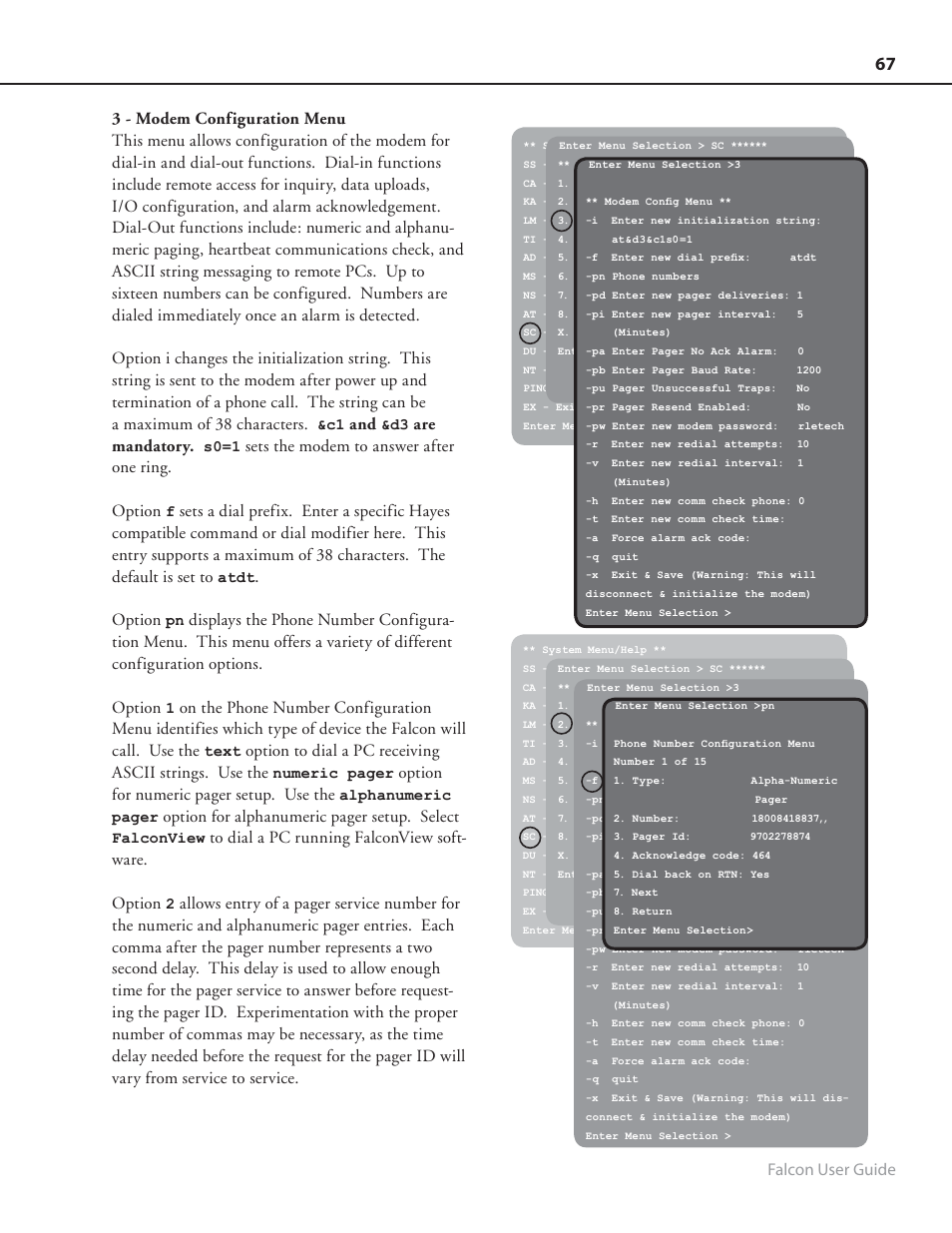 Falcon user guide, Are mandatory, Sets the modem to answer after one ring. option | Option, Option for numeric pager setup. use the, Option for alphanumeric pager setup. select | RLE FMS8 User Manual | Page 67 / 92