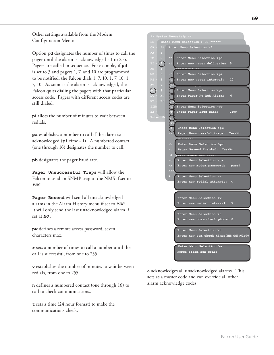 Falcon user guide, Designates the pager baud rate | RLE FMS8 User Manual | Page 69 / 92