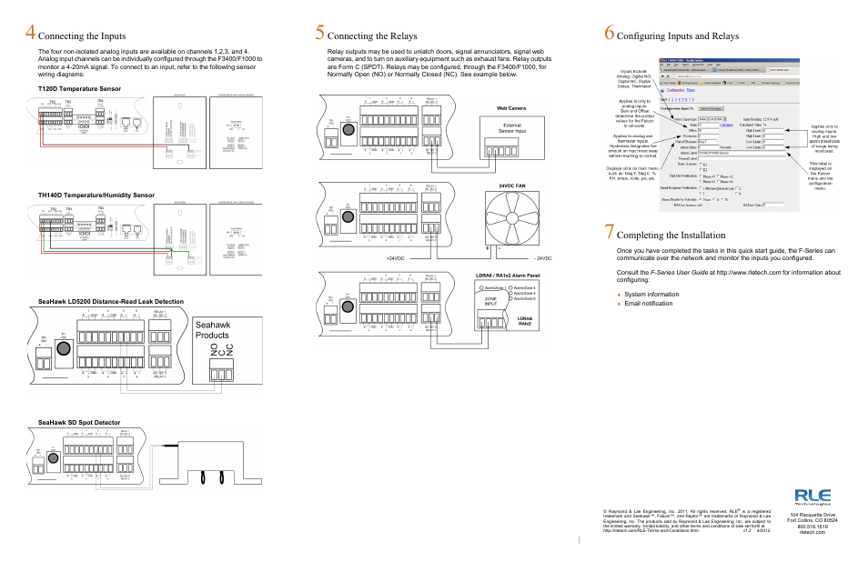 Connecting the inputs, Connecting the relays, Configuring inputs and relays | Completing the installation | RLE F-Series Quick Start User Manual | Page 2 / 2