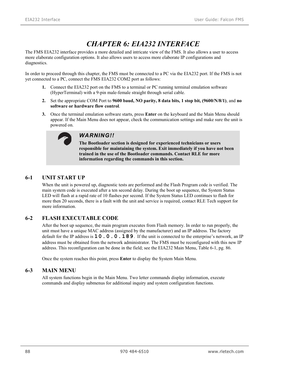 Chapter 6: eia232 interface | RLE Falcon EM User Manual | Page 102 / 146