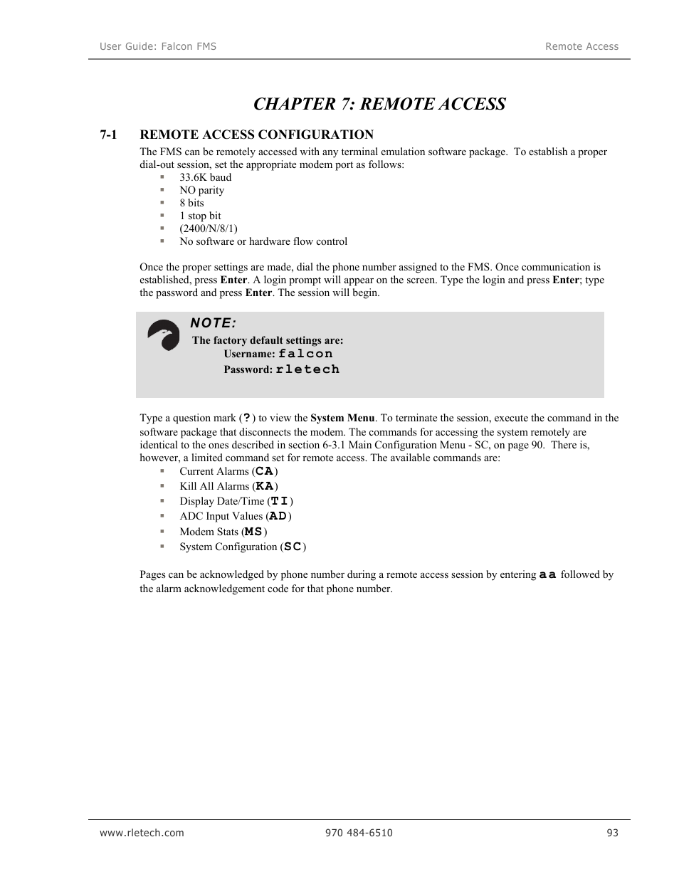 Chapter 7: remote access | RLE Falcon EM User Manual | Page 107 / 146