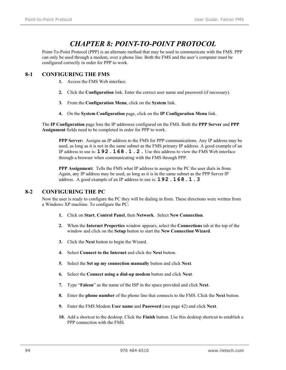 Chapter 8: point-to-point protocol | RLE Falcon EM User Manual | Page 108 / 146