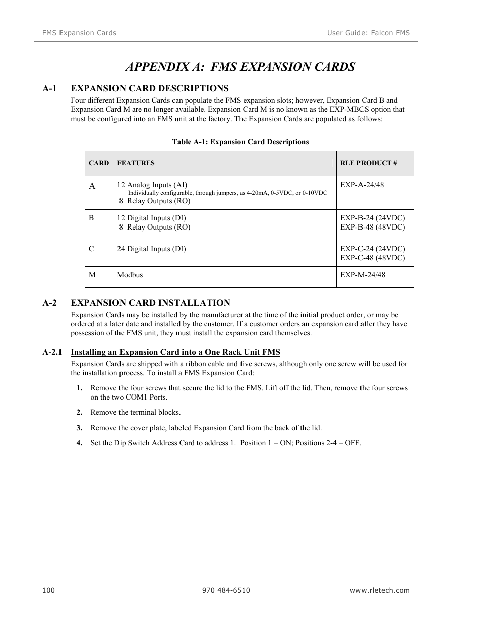 Appendix a: fms expansion cards | RLE Falcon EM User Manual | Page 114 / 146