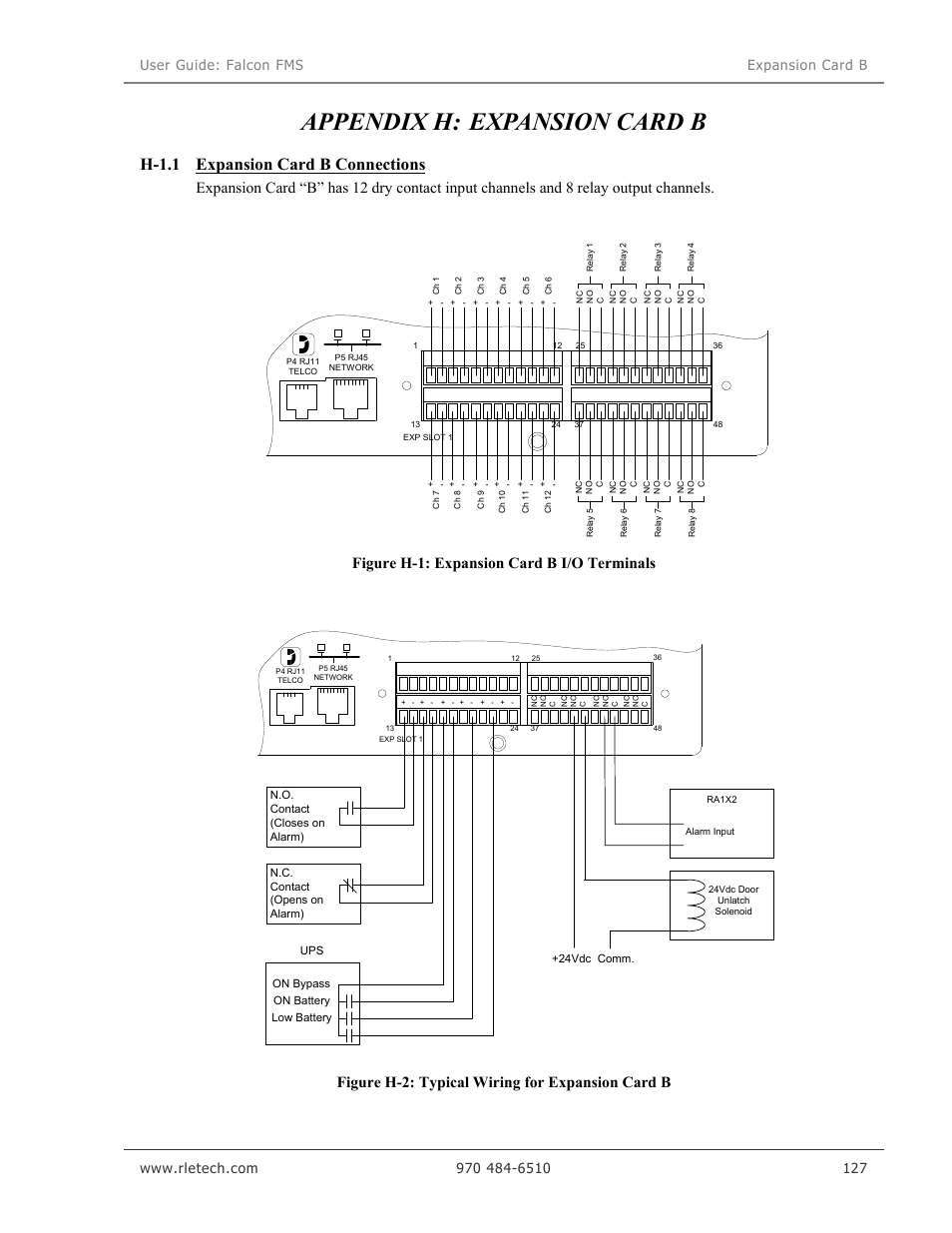 Appendix h: expansion card b, H-1.1 expansion card b connections, Figure h-1: expansion card b i/o terminals | Figure h-2: typical wiring for expansion card b | RLE Falcon EM User Manual | Page 141 / 146