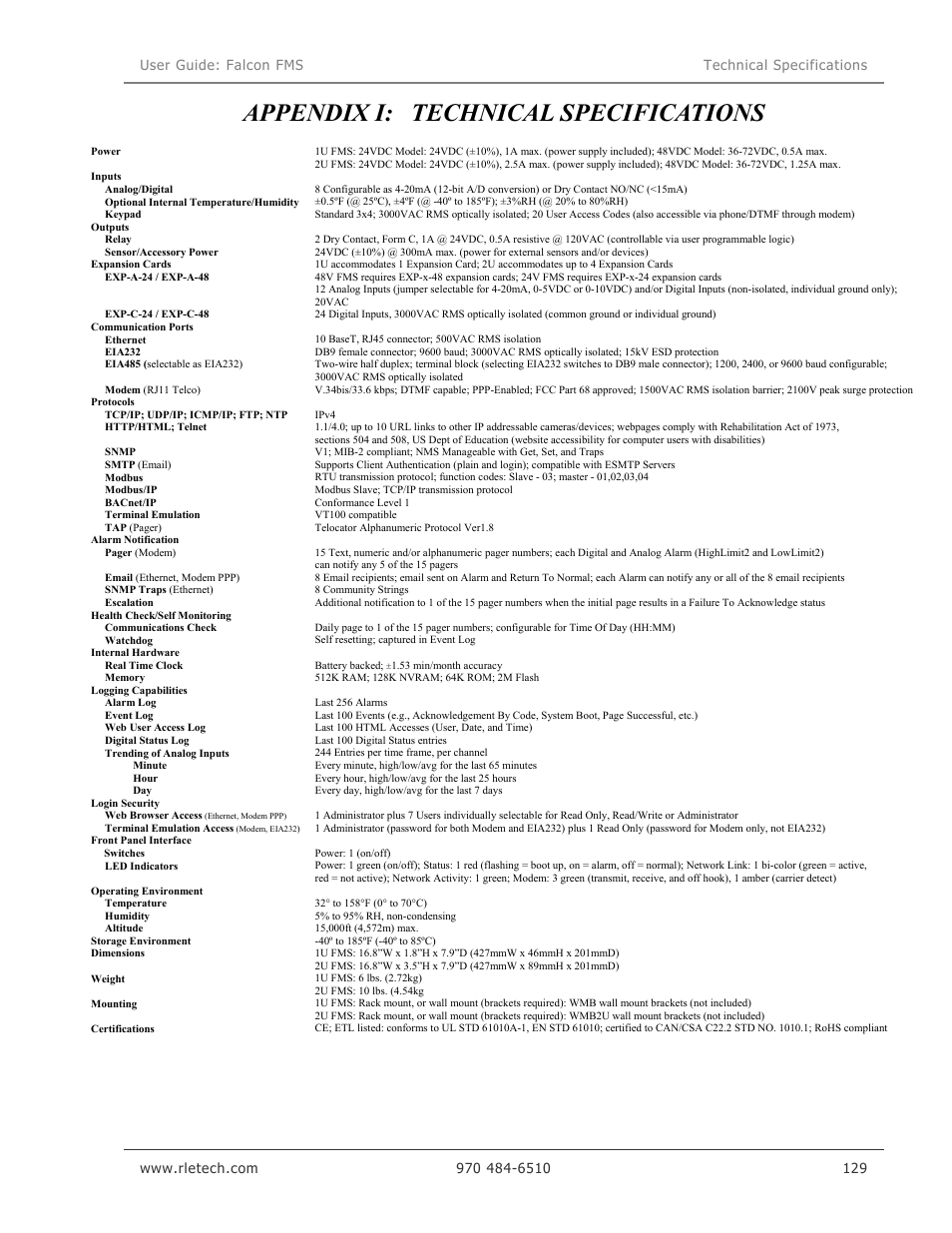 Appendix i: technical specifications | RLE Falcon EM User Manual | Page 143 / 146