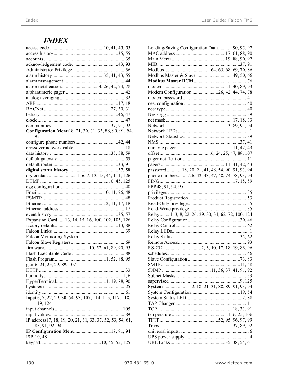 Index | RLE Falcon EM User Manual | Page 144 / 146