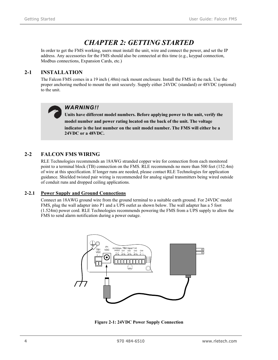 Chapter 2: getting started, 1 installation, 2 falcon fms wiring | Warning, 2.1 power supply and ground connections | RLE Falcon EM User Manual | Page 18 / 146