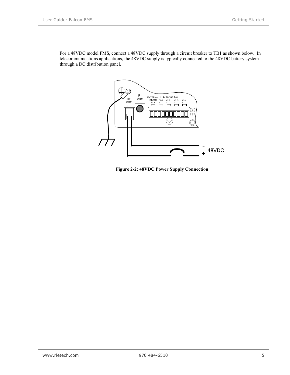 48vdc, Figure 2-2: 48vdc power supply connection | RLE Falcon EM User Manual | Page 19 / 146