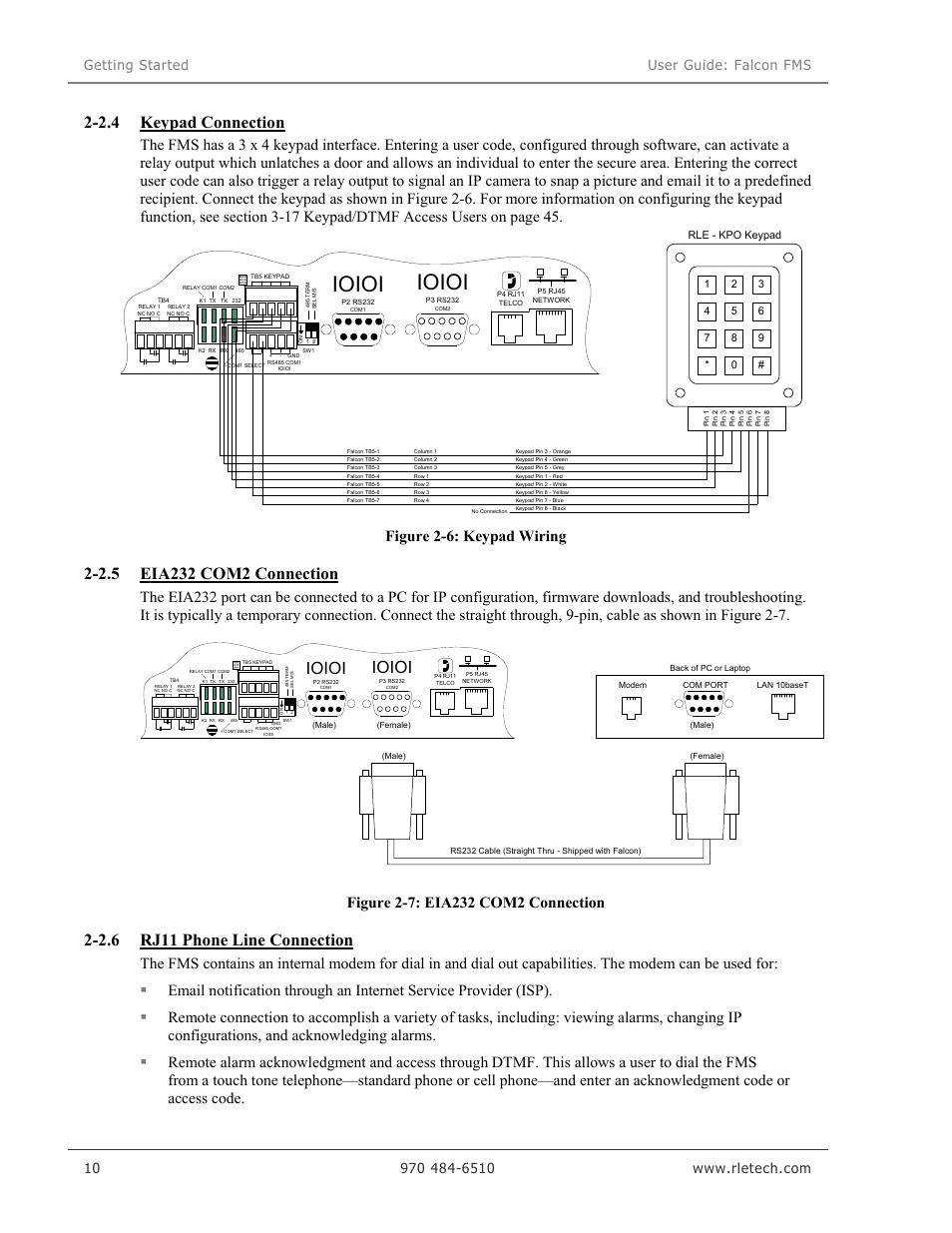 Ioioi, 2.4 keypad connection, 2.6 rj11 phone line connection | Figure 2-6: keypad wiring | RLE Falcon EM User Manual | Page 24 / 146