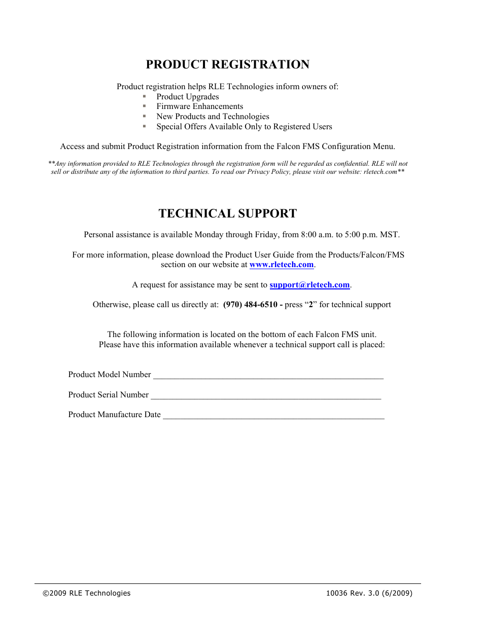 Product registration, Technical support | RLE Falcon EM User Manual | Page 4 / 146