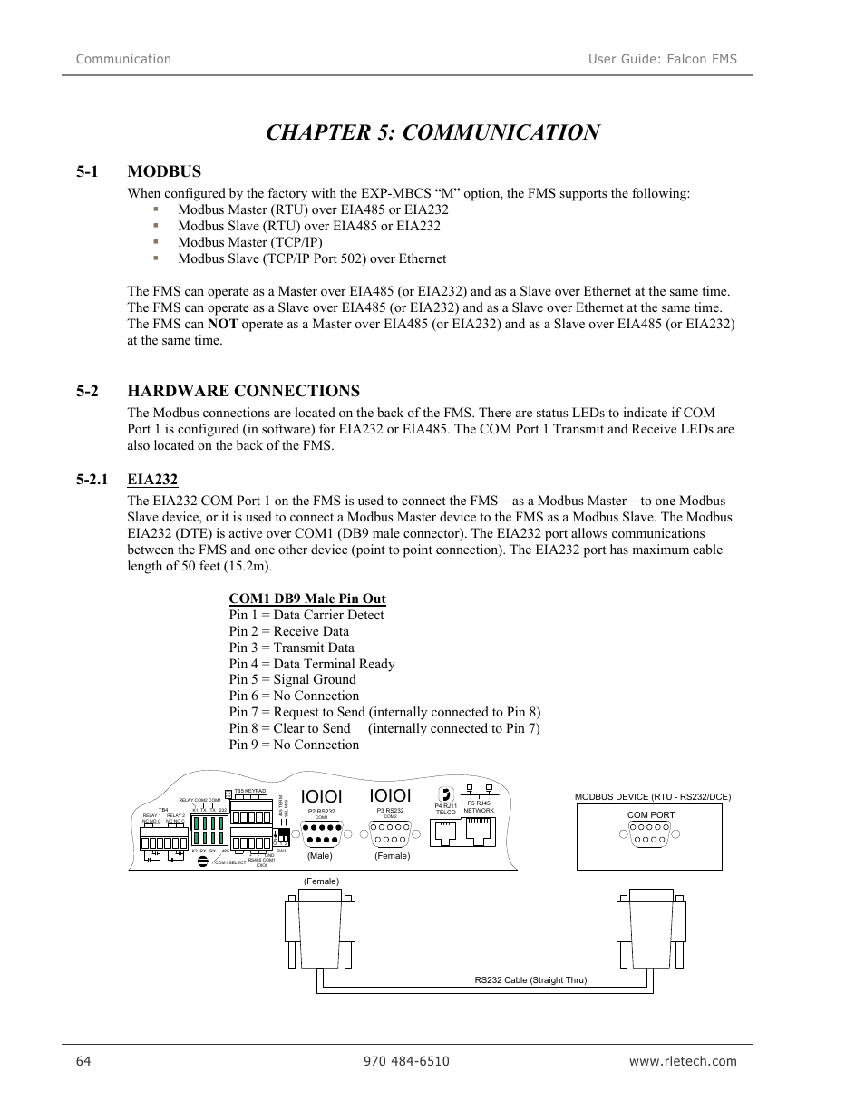 Chapter 5: communication, Ioioi, 1 modbus | 2 hardware connections | RLE Falcon EM User Manual | Page 78 / 146