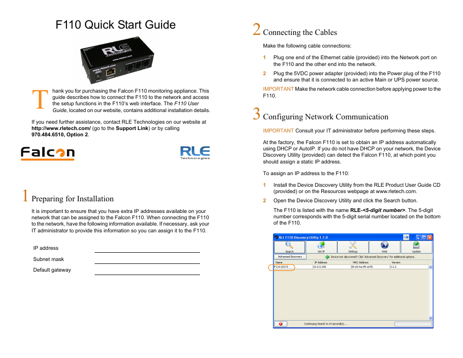 RLE F110 Quick Start User Manual | 2 pages
