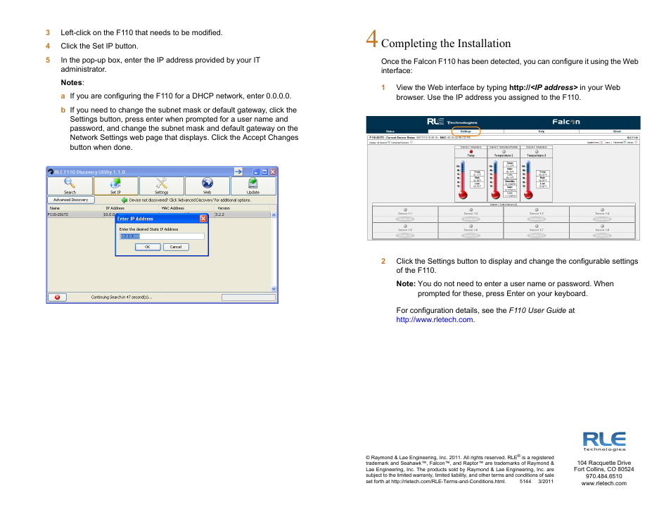Completing the installation | RLE F110 Quick Start User Manual | Page 2 / 2