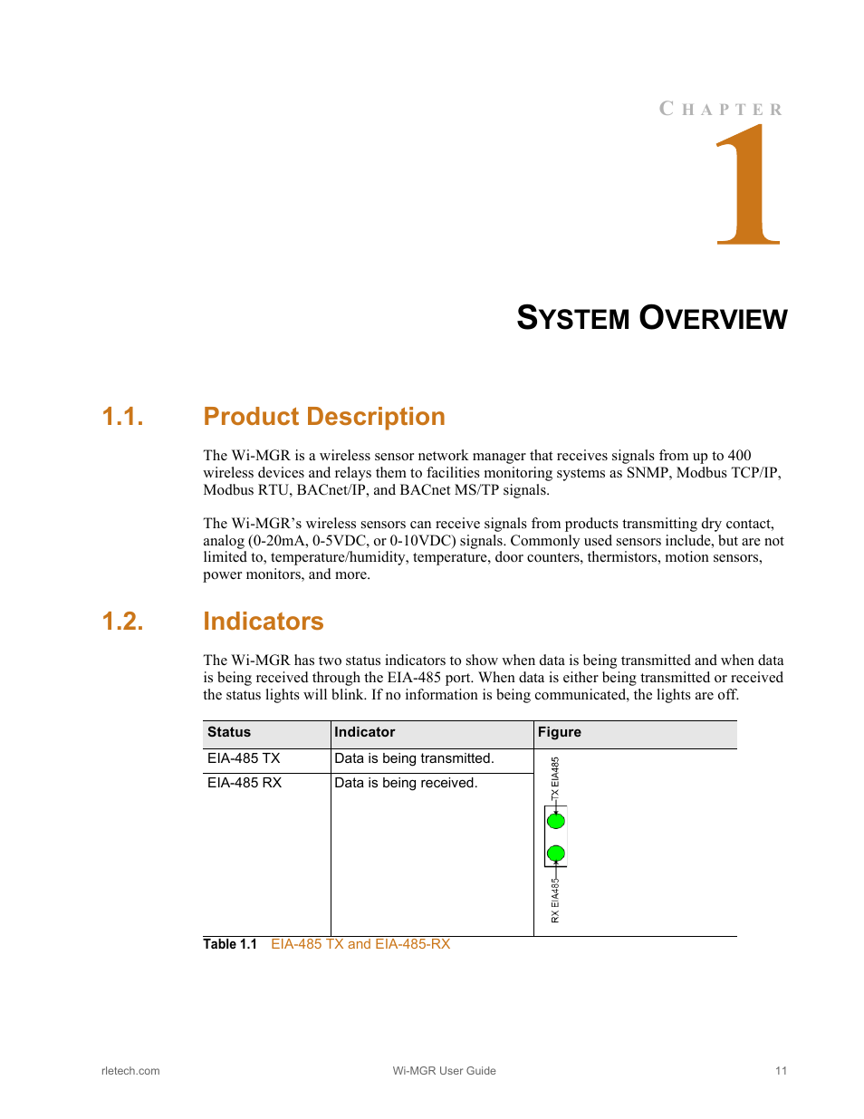 System overview, Product description, Indicators | Product description indicators, Table 1.1, Eia-485 tx and eia-485-rx, Ystem, Verview | RLE Wi-MGR V.1.6 User Manual | Page 11 / 74