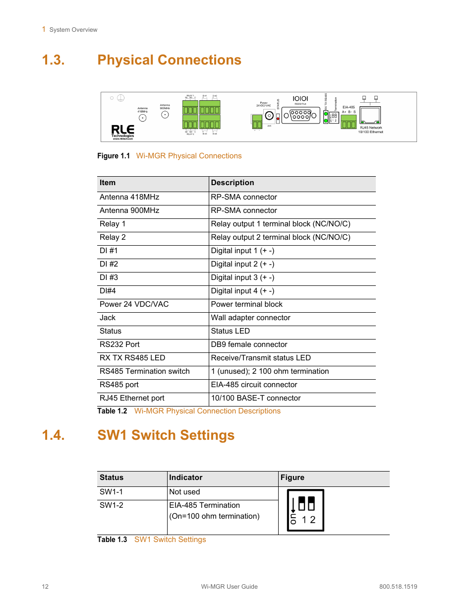 Physical connections, Sw1 switch settings, Physical connections sw1 switch settings | Figure 1.1, Wi-mgr physical connections, Table 1.2, Wi-mgr physical connection descriptions, Table 1.3 | RLE Wi-MGR V.1.6 User Manual | Page 12 / 74