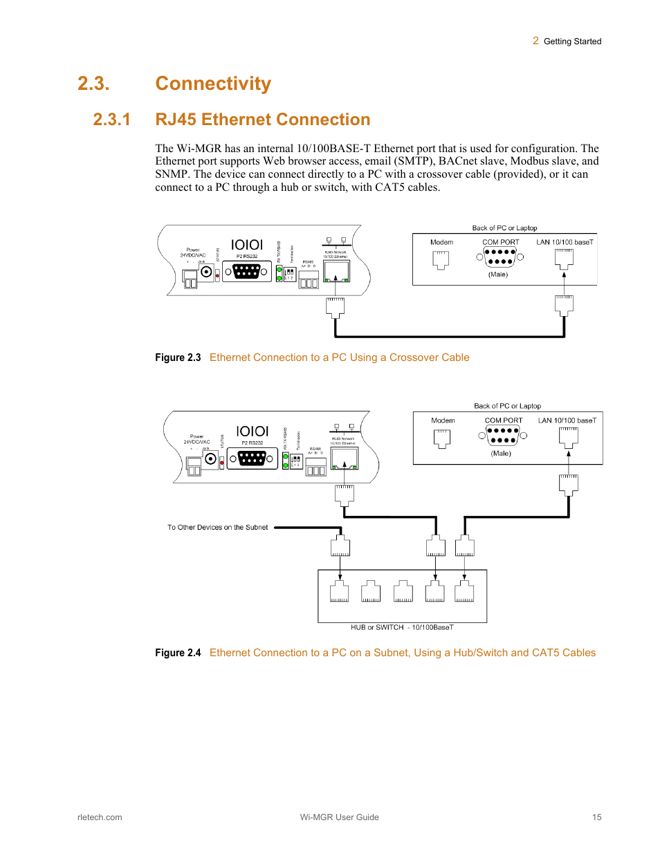 Connectivity, 1 rj45 ethernet connection, Rj45 ethernet connection | Figure 2.3, Figure 2.4 | RLE Wi-MGR V.1.6 User Manual | Page 15 / 74