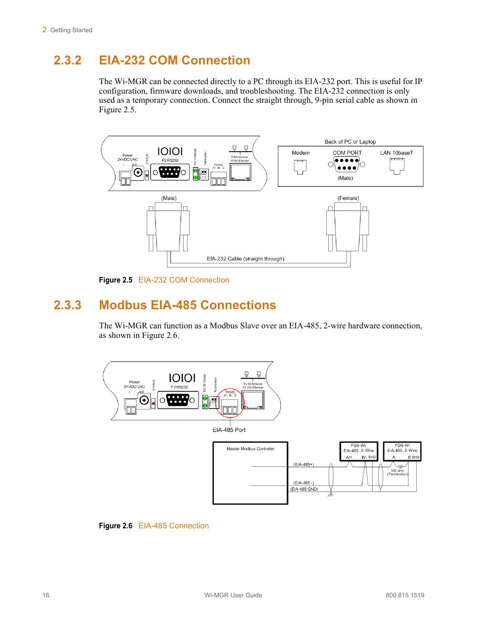 2 eia-232 com connection, 3 modbus eia-485 connections, Eia-232 com connection modbus eia-485 connections | Figure 2.5, Eia-232 com connection, Figure 2.6, Eia-485 connection | RLE Wi-MGR V.1.6 User Manual | Page 16 / 74