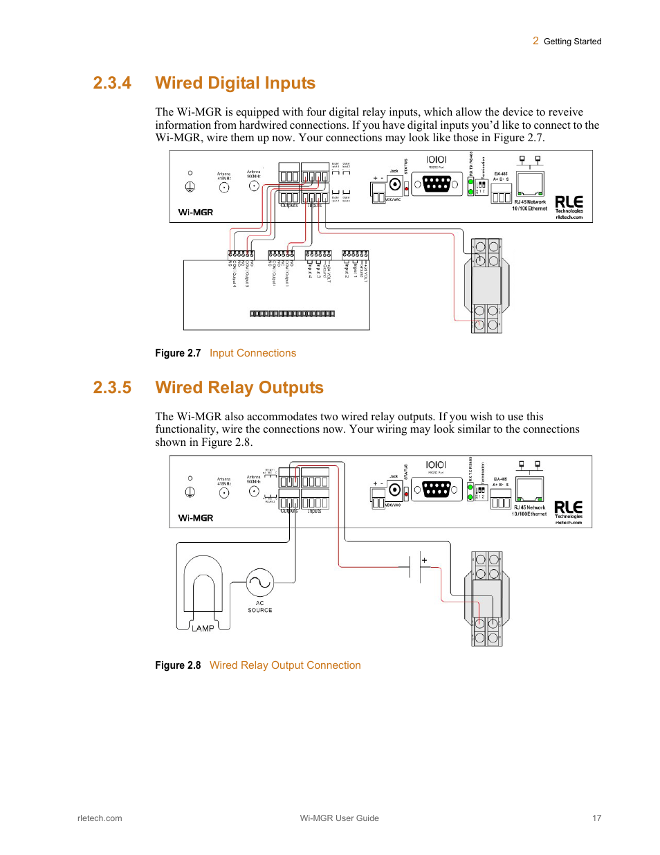 4 wired digital inputs, 5 wired relay outputs, Wired digital inputs wired relay outputs | Figure 2.7, Input connections, Figure 2.8, Wired relay output connection | RLE Wi-MGR V.1.6 User Manual | Page 17 / 74