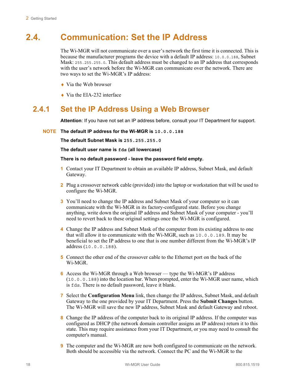 Communication: set the ip address, 1 set the ip address using a web browser, Set the ip address using a web browser | RLE Wi-MGR V.1.6 User Manual | Page 18 / 74