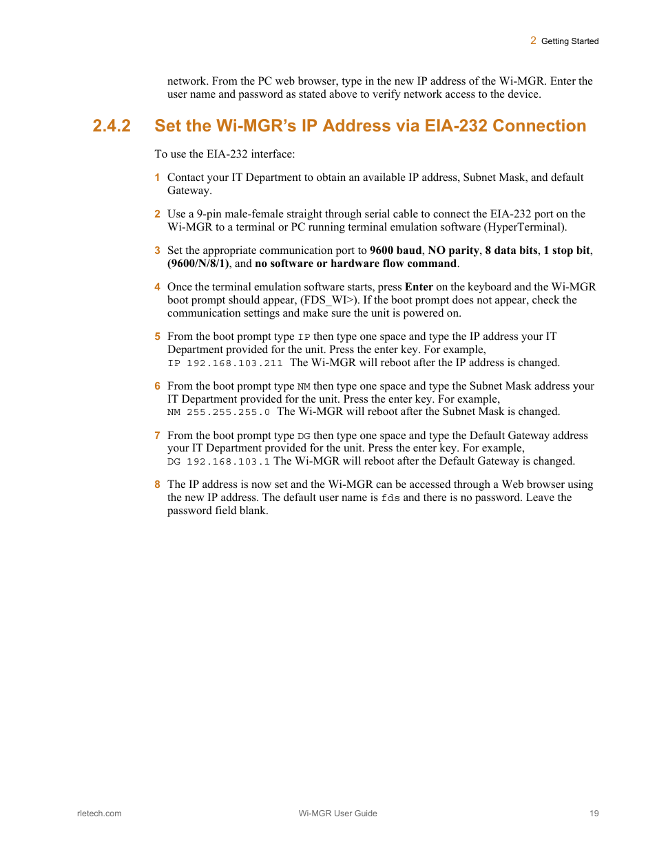 Set the wi-mgr’s ip address via eia-232 connection | RLE Wi-MGR V.1.6 User Manual | Page 19 / 74
