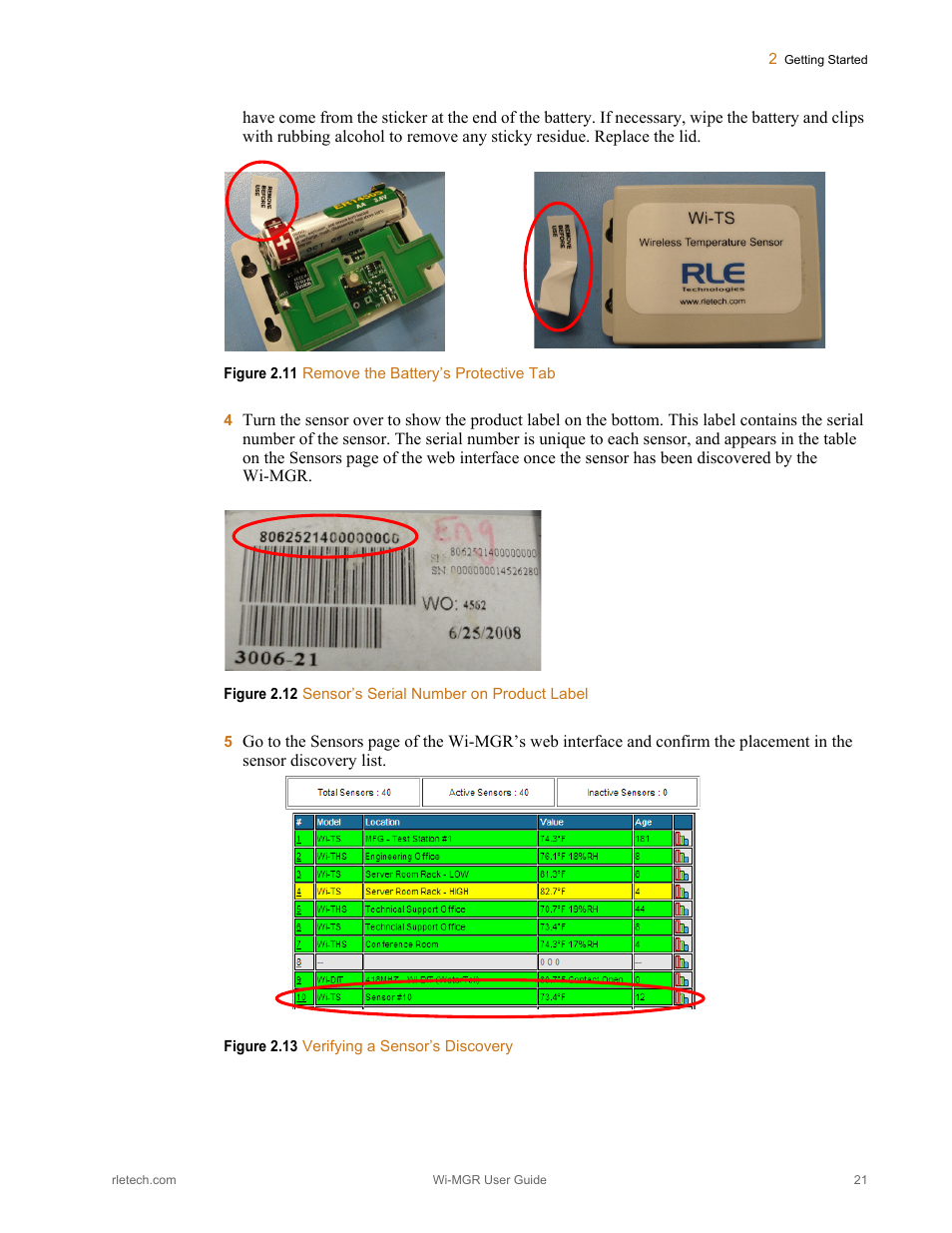 Figure 2.11, Remove the battery’s protective tab, Figure 2.12 | Sensor’s serial number on product label, Figure 2.13, Verifying a sensor’s discovery | RLE Wi-MGR V.1.6 User Manual | Page 21 / 74
