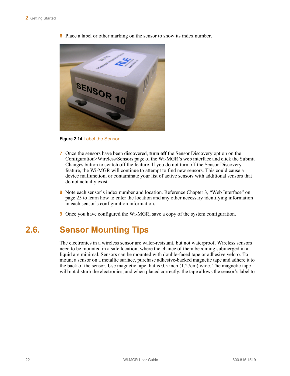 Sensor mounting tips, Figure 2.14, Label the sensor | RLE Wi-MGR V.1.6 User Manual | Page 22 / 74