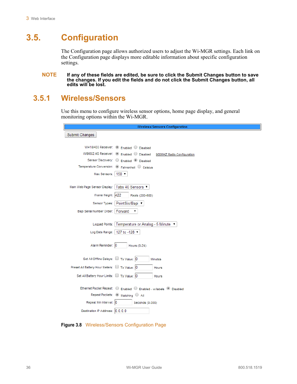 Configuration, 1 wireless/sensors, Wireless/sensors | Figure 3.8 | RLE Wi-MGR V.1.6 User Manual | Page 36 / 74