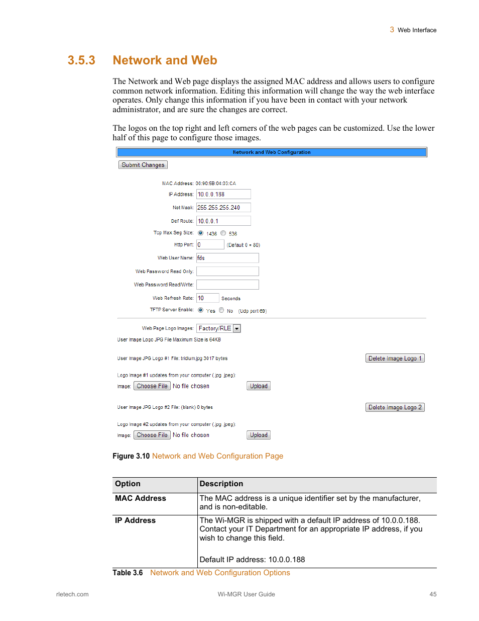 3 network and web, Network and web, Figure 3.10 | Table 3.6, Network and web configuration options | RLE Wi-MGR V.1.6 User Manual | Page 45 / 74